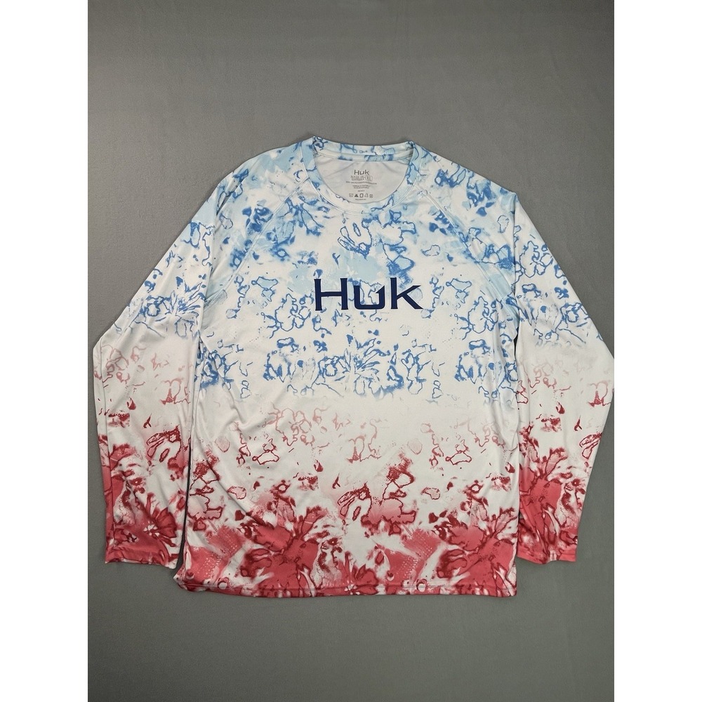 HUK Fishing Shirt Mens Size XL Red White & Blue Long Sleeve